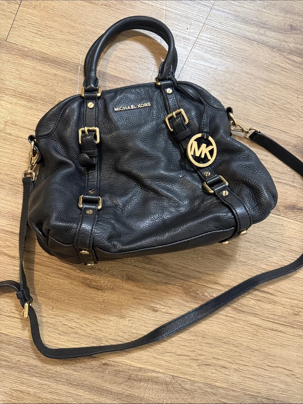 Michael Kors Black Pebbled Leather Shoulder Satchel with Gold Hardware